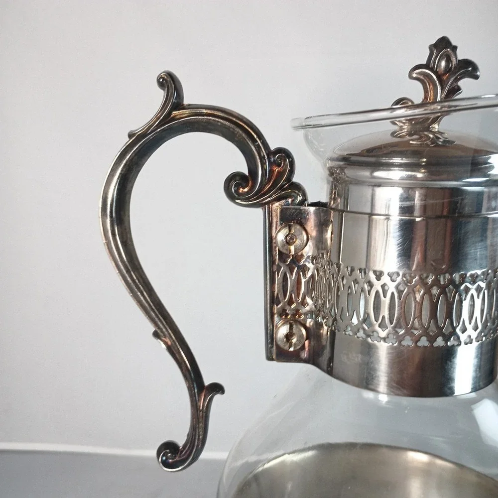 Vtg MCM Style Silver Plated & Glass Coffee Tea Carafe with Footed Warmer Stand